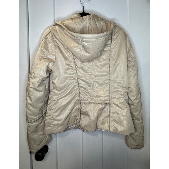 Womens Cream Metallic Hooded Jacket Zip Pockets Moto Style Size M L1.2 - Picture 5 of 10